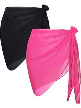 Women's Black And Light Pink 2 Pieces Sheer Bikini Swimsuit Cover Ups And Sarong